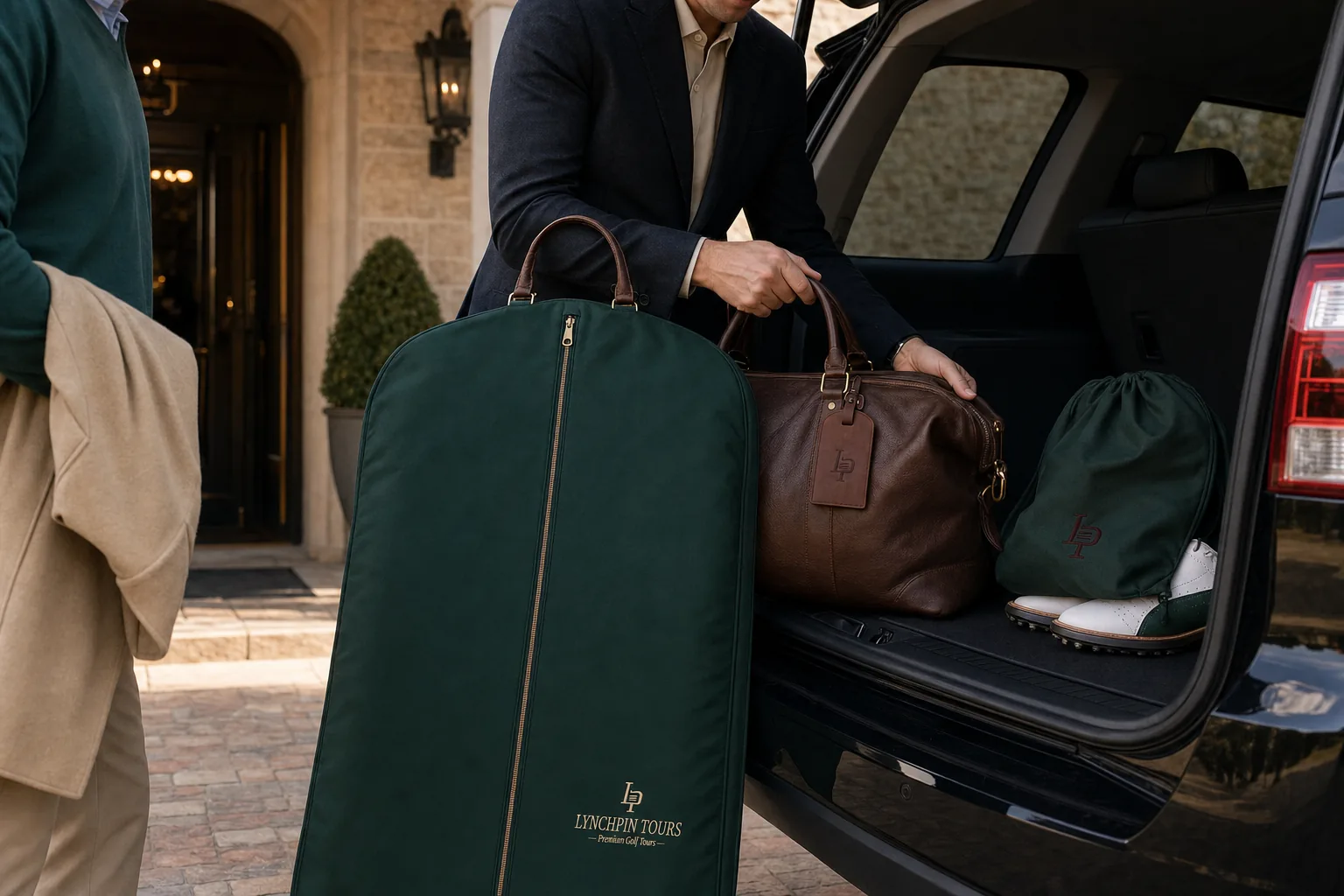 A branded garment bag, leather holdall and shoe bag loaded into the car at the clubhouse