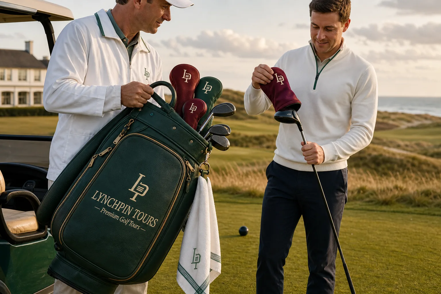 A Lynchpin tour bag on the tee with claret and green headcovers