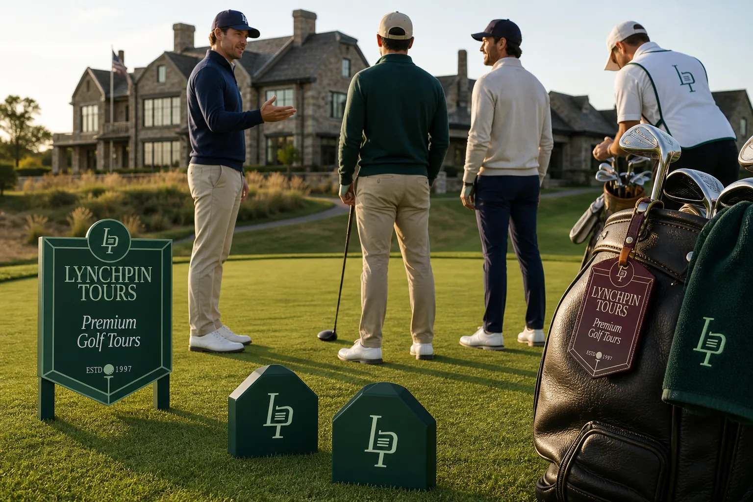 A branded tee board beside a group waiting to play, the clubhouse behind