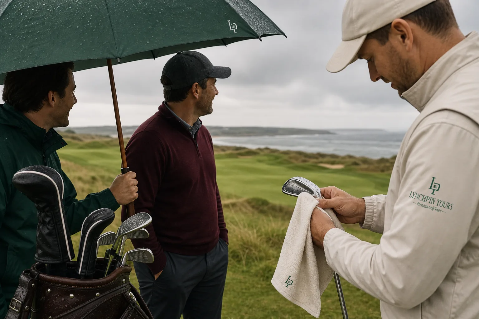 A caddie under a branded umbrella handing over a Lynchpin towel