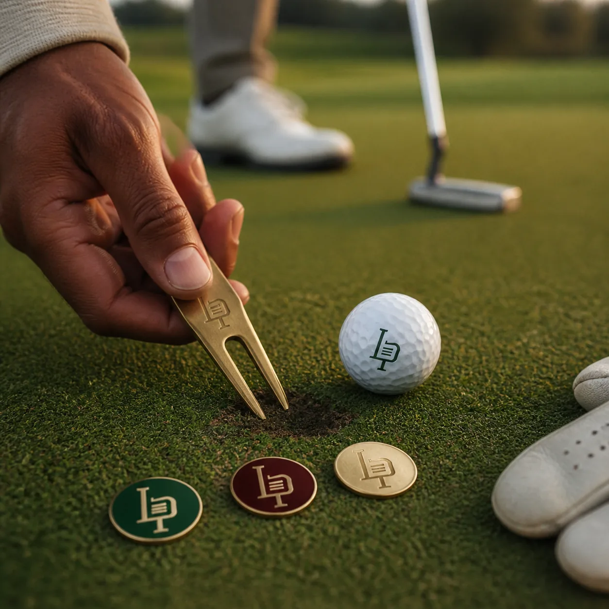 A brass Lynchpin divot tool repairing a pitch mark beside a branded ball