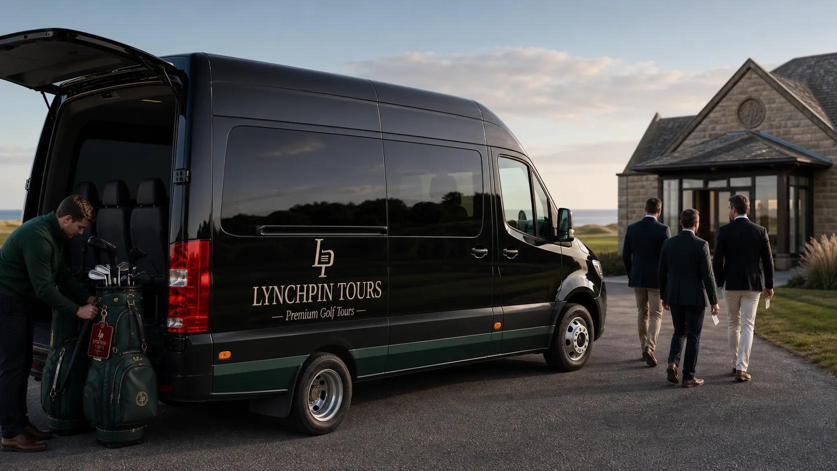 The branded tour van waiting at the clubhouse as the group walks out